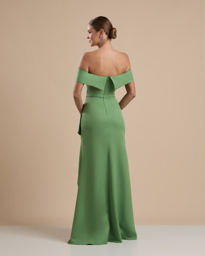 FotoVestido de Festa Longo Ombro a Ombro com Fenda em Alfaiataria Verde Matcha