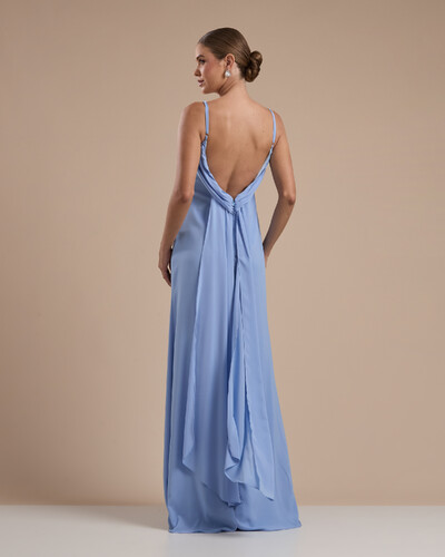 FotoVestido de Festa Longo Crepe Chiffon Costas Lenço Cauda Serenity