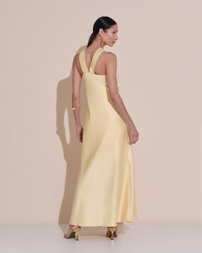 Foto Vestido de Festa Midi Frente Única Cetim Amarelo Manteiga