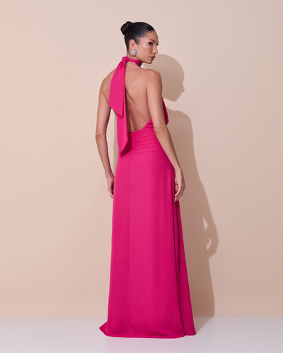 Foto Vestido de Festa Longo Frente Única Busto Blousê Crepe Chiffon Drapeado Pink Escuro