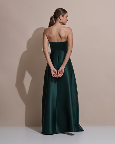 Foto Vestido de Festa Longo Tomara que Caia Decote Coração Cetim Cruzado Costas Verde Escuro