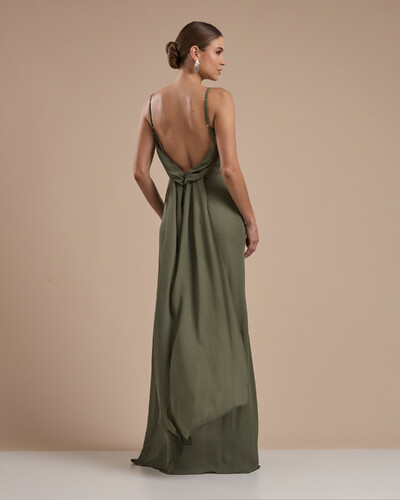 FotoVestido de Festa Longo Crepe Chiffon Costas Lenço Cauda Verde Oliva