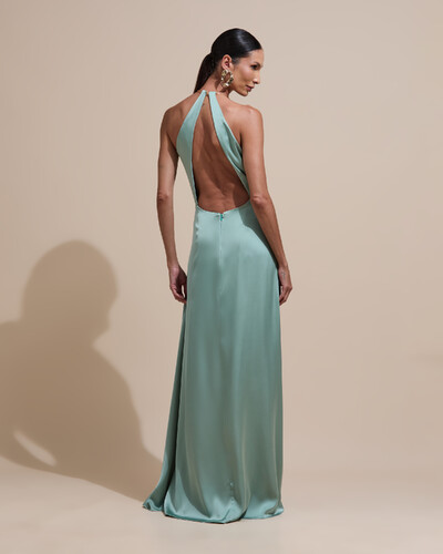 Foto Vestido de Festa Longo Cetim Fluido com Argola Frente Única Verde Menta