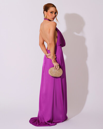 FotoVestido de Festa Longo Frente Única Degagê Cetim Fluido Fúcsia
