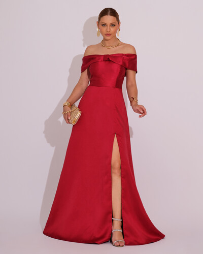 Foto Vestido de Festa Longo Ombro a Ombro Laço Zibeline com Fenda Marsala