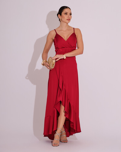Foto Vestido Midi Babado Acetinado Marsala
