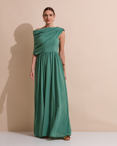 Foto Vestido de Festa Longo Um Ombro Só Crepe Chiffon Capa Drapeado Verde Matcha Escuro