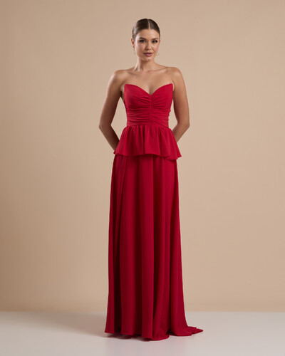 Foto Vestido de Festa Longo Crepe Chiffon Tomara que Caia Peplum Drapeado Vermelho