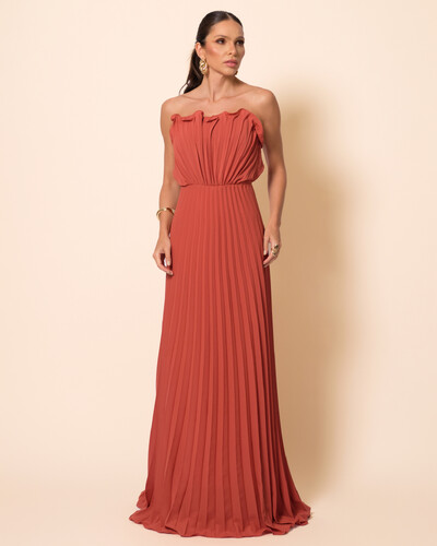 Foto Vestido de Festa Longo Tomara que Caia Plissado Detalhe Terracota