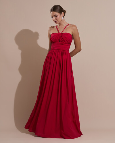 Foto Vestido de Festa Longo Crepe Chiffon Drapeado com Alças Finas Vermelho