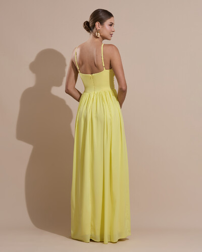 Foto Vestido de Festa Longo Crepe Chiffon Drapeado com Alças Finas Amarelo Manteiga