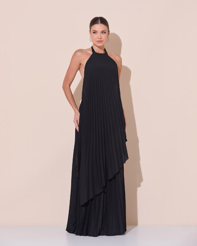 Foto Vestidos de Festa Longo Chiffon Fluido Frente Única Plissado Duplo Preto