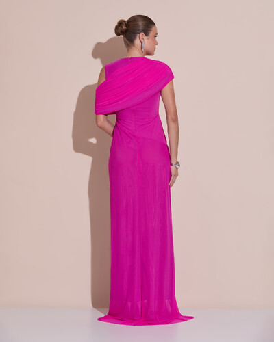 Foto Vestido de Festa Longo Capa Drapeado Tule Saia Fluida Pink New