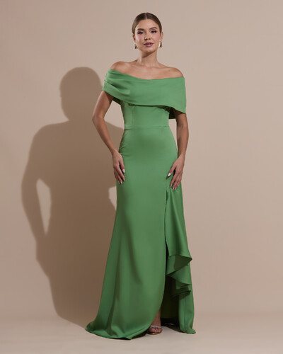 Foto Vestido de Festa Longo Alfaiataria Ombro a Ombro com Babado Cascata Verde Matcha