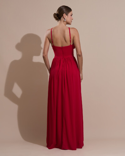 FotoVestido de Festa Longo Crepe Chiffon Drapeado com Alças Finas Vermelho