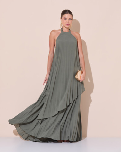 Foto Vestidos de Festa Longo Chiffon Fluido Frente Única Plissado Duplo Verde Oliva