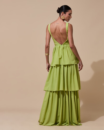 Foto Vestido de Festa Longo Decote V Crepe Chiffon Plissado Camadas Babado Verde Garden