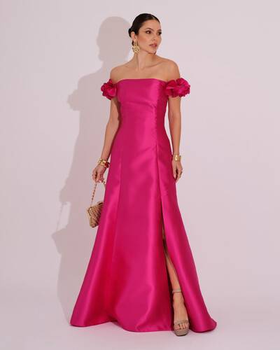 Foto Vestido Longo de Festa Zibeline Ombro a Ombro com Flores e Fenda Pink