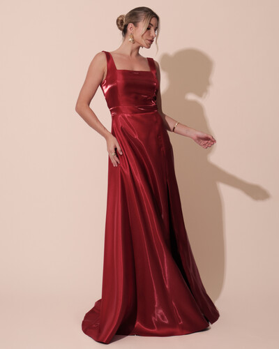 Foto Vestido de Festa Longo Zibeline Cristal com Fenda e Faixa Vermelho