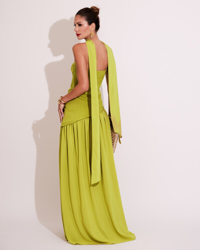 FotoVestido de Festa Longo Tomara que Caia Alfaiataria e Saia Crepe Chiffon e Lenço Verde Pistache