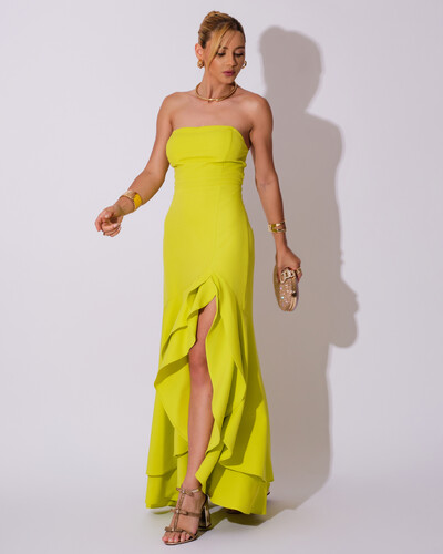 Foto Vestido Longo com Fenda de Babados Alfaiataria Verde Lima New