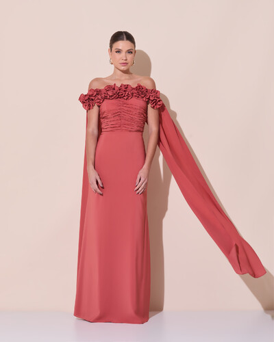 Foto Vestido de Festa Longo Ombro a Ombro Plissado Crepe Chiffon Capa Flor 3D Terracota