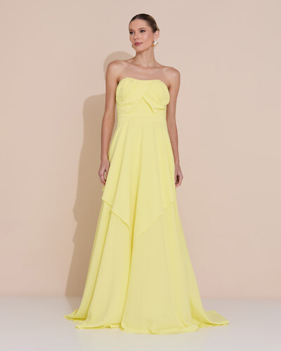 Foto Vestido de Festa Longo Tomara que Caia Crepe Chiffon Drapeado Camadas Amarelo Manteiga
