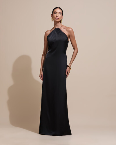 Foto Vestido de Festa Longo Cetim Fluido com Argola Frente Única Preto
