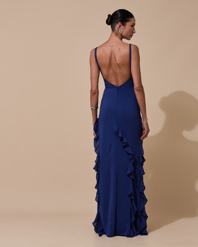 Foto Vestido de Festa Longo Alças Finas Crepe Chiffon Babado Cascata Fenda Costas V Azul Marinho