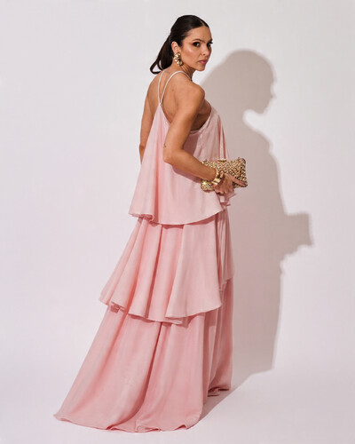 FotoVestido Longo Crepe Chiffon Babado em Camadas Rosa