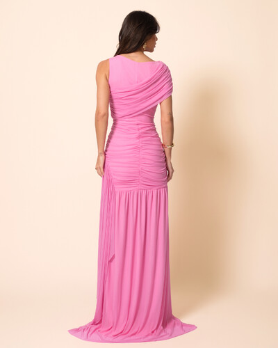 FotoVestido de Festa Longo Tule Faixa Detalhe Drapeado Rosa