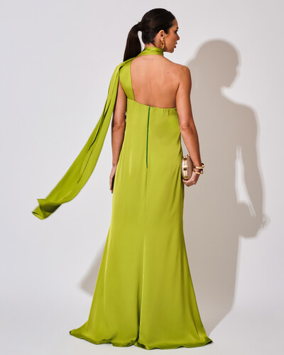 FotoVestido de Festa Longo Cetim Fluido Um Ombro Só Lenço Fixo Verde Lima