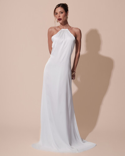 Foto Vestido de Festa Longo Cetim Fluido com Argola Frente Única Branco