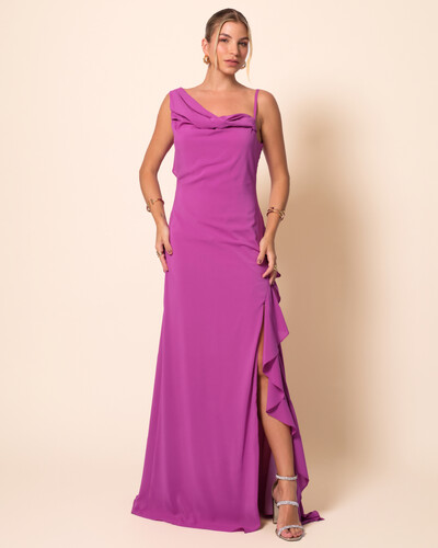 Foto Vestido de Festa Longo Crepe Chiffon Degagê com Fenda e Babado Cascata Fúcsia