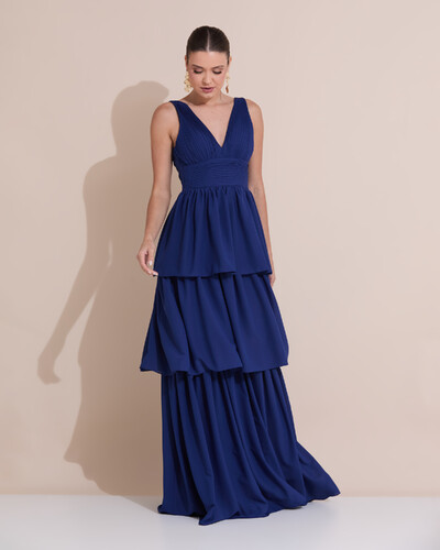 Foto Vestido de Festa Longo Decote V Crepe Chiffon Plissado Camadas Babado Azul Marinho