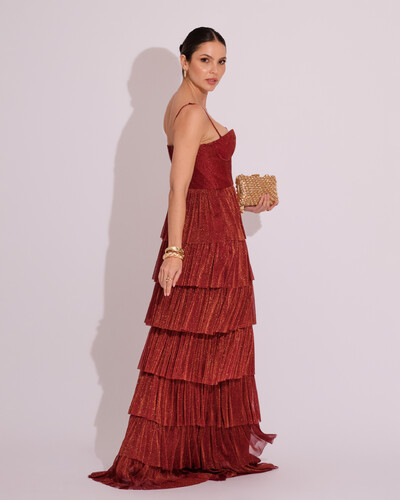 FotoVestido de Festa Longo Tule Glitter com Camadas Marsala