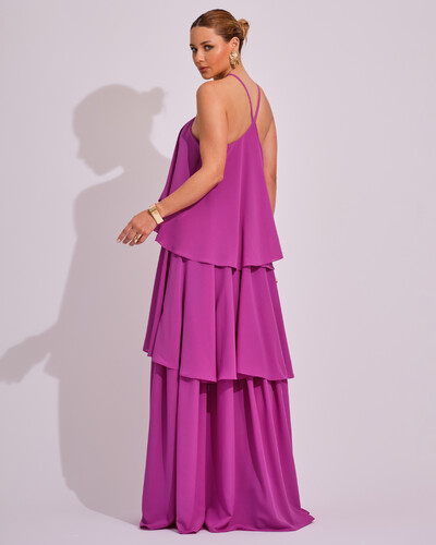 FotoVestido Longo Babado em Camadas Fúcsia