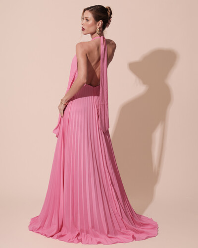 FotoVestidos de Festa Longo Chiffon Fluido Frente Única Plissado Duplo Rosa