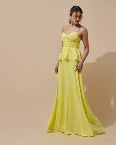 Foto Vestido de Festa Longo Crepe Chiffon Tomara que Caia Peplum Drapeado Amarelo Manteiga