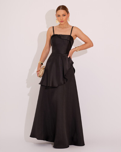 Foto Vestido de Festa Zibeline Tomara que Caia com Recortes e Camadas Preto