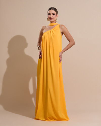 Foto Vestido de Festa Longo Crepe Fluido um Ombro Só com Lenço Laranja Manga New