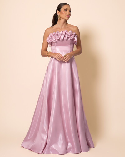 Foto Vestido de Festa Longo Cetim Cristal Tomara que Caia com Flor 3D Rosa