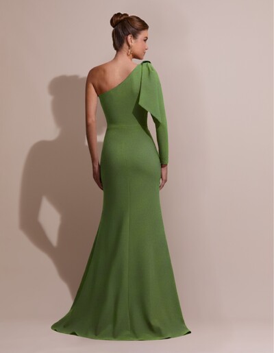 FotoVestido de Festa com Laço de Um Ombro em Alfaiataria Fenda Verde Matcha