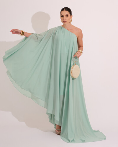 Foto Vestido de Festa um Ombro com Capa Crepe Fluido Verde Menta