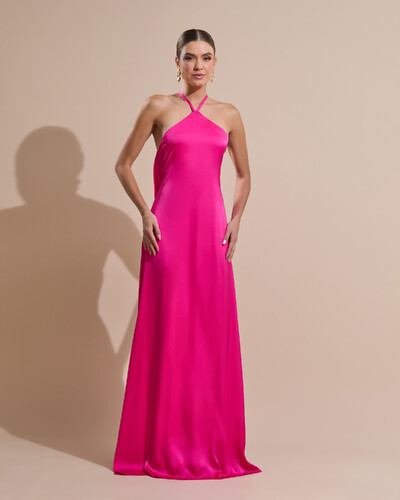 Foto Vestido Longo de Cetim com Decote Triangular e Amarração nas Costas Degagê Pink