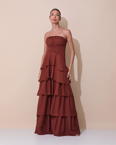 Foto Vestido de Festa Longo Tomara que Caia Drapeado Crepe Chiffon Babados Camadas Marrom New