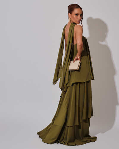 FotoVestido de Festa Longo Chiffon Crepe em Camadas com Lenço Verde Escuro