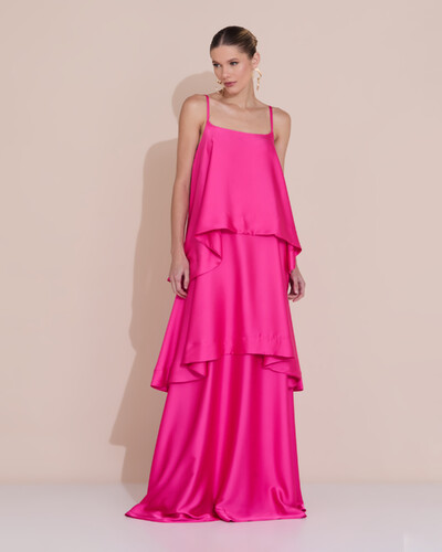 Foto Vestido de Festa Longo Decote Reto Alças Finas Cetim Camadas Pink