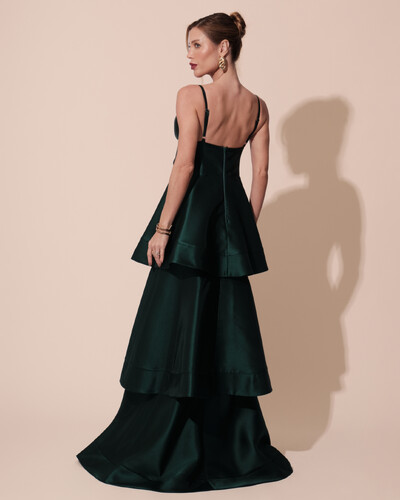 FotoVestido de Festa Longo Zibeline em Camadas Decote em V com Alças Verde Escuro