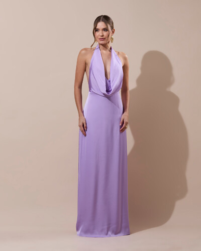 Foto Vestido de Festa Longo Frente Única Degagê Cetim Fluido Lilás